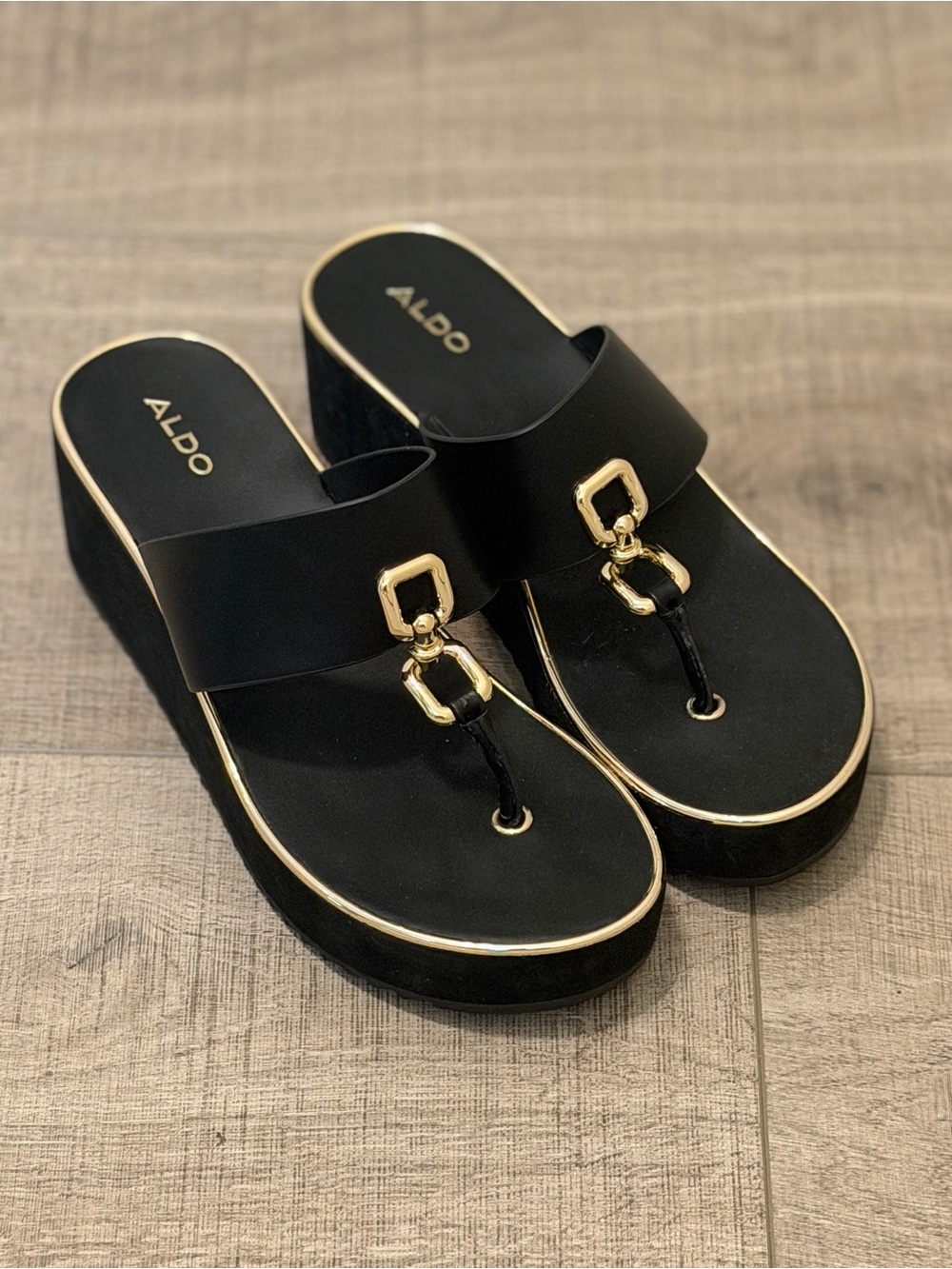 Aldo Black Platform Thong Sandals with Gold Hardware